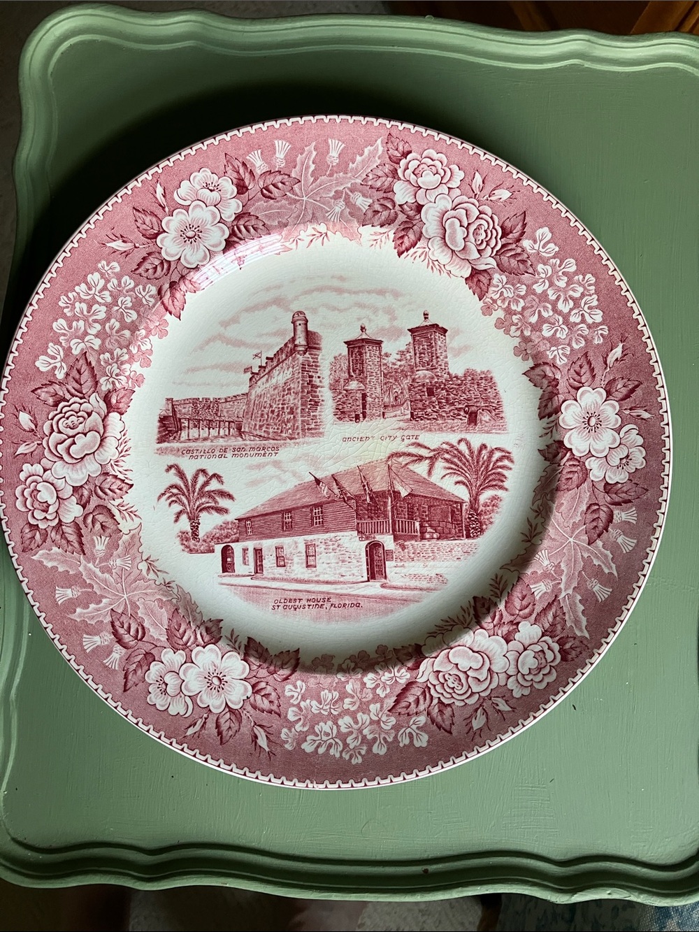 Vintage Staffordshire St. Augustine Florida transferware pink white dinner plate